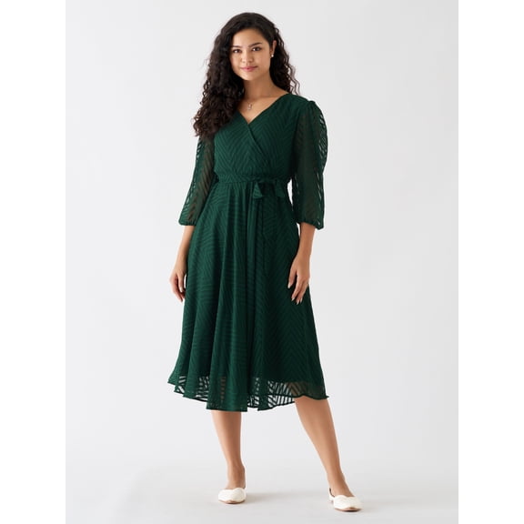Dark Green Chiffon Brasso Swiss Dot V-Neck Dress