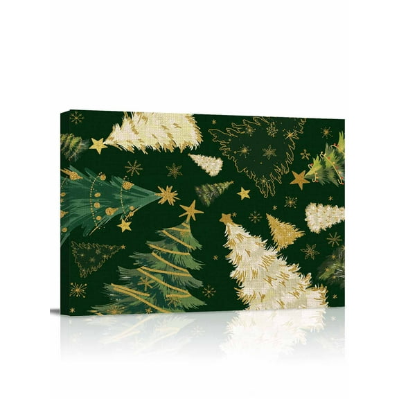 Dark Green Christmas Canvas Print Wall Art Framed Canvas Art Wall Decor Xmas Tree Star Snowflake Winter Pictures Painting Morden Artwork for Living Room Bedroom, Ready to Hang - 12"x16"