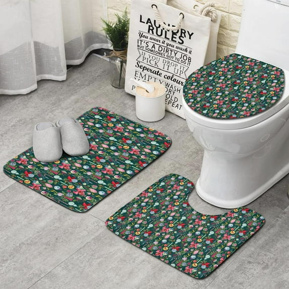 Dark Green Christmas Ornament Pattern Bathroom Rugs Sets 3 Piece,Toilet Cover Set,Absorbent Non Slip Bathroom Mats Sets with U-Shaped Contour Rug Toilet Rug Set