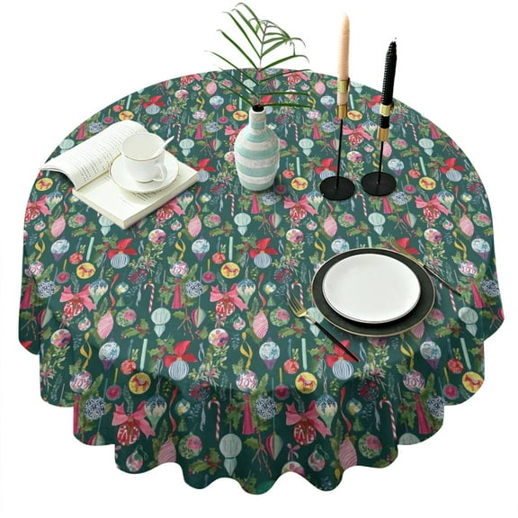 Dark Green Christmas Ornament Pattern Round Tablecloth 60"x60",Wrinkle Wipeable Table Cloth for Kitchen Dining Room Picnic Patio Party