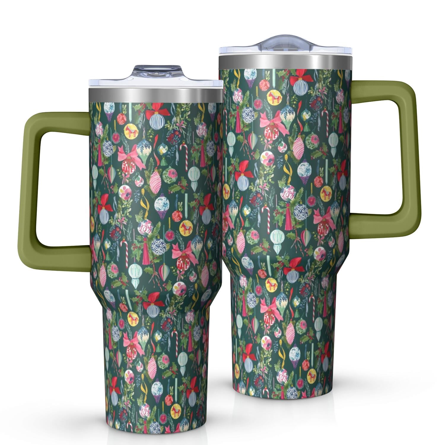 Dark Green Christmas Ornament Pattern Tumbler with Handle and Lid,40oz Double Wall Vacuum Insulated Tumbler,Cups Gift for Women and Men
