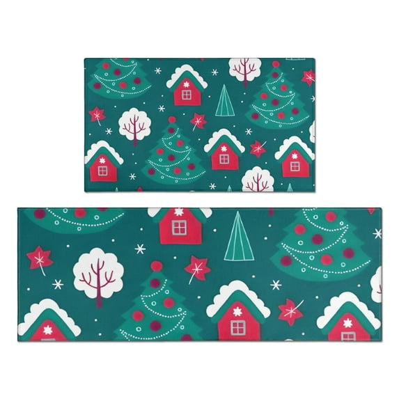 Dark Green Christmas Tree and House Pattern Kitchen Rugs Sets Of 2,Anti Fatigue Kitchen Mat Rugs Non Slip Washable,Decorative Kitchen Floor Mats for Kitchen,Sink,Laundry,17"x30"+17"x47"