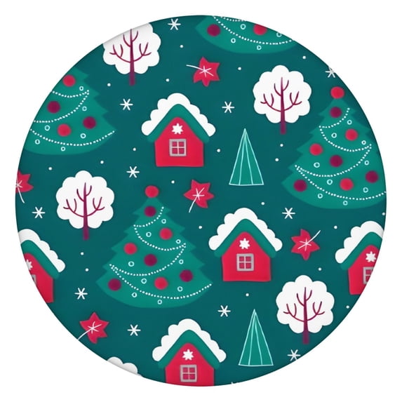 Dark Green Christmas Tree and House Pattern Round Fitted Tablecloth with Elastic Edge,Dining Table Cover Waterproof,Outdoor Round Tablecloth for Camping,Dining,Indoor and Outdoor