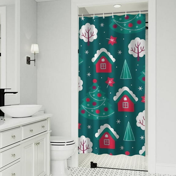 Dark Green Christmas Tree and House Pattern Shower Curtain 36"x72" ,Bathroom Decorative Shower Curtains Set with 12 Hooks,Modern Waterproof Washable Shower Curtain