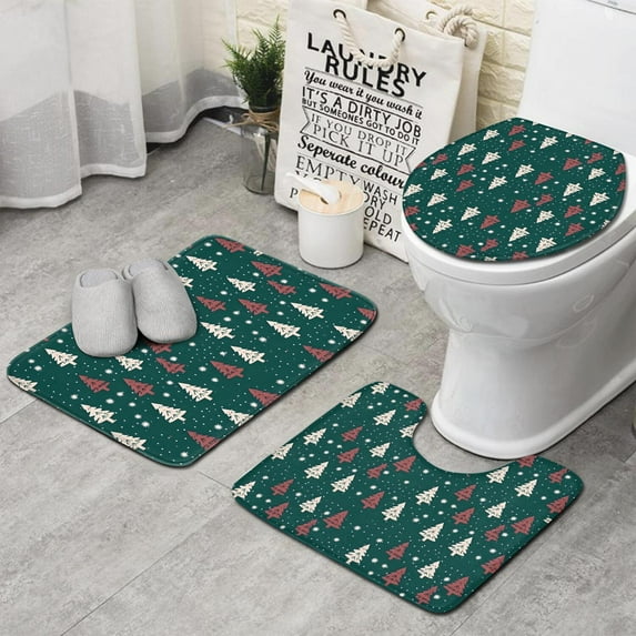 Dark Green Christmas Tree Pattern Bathroom Rugs Sets 3 Piece,Toilet Cover Set,Absorbent Non Slip Bathroom Mats Sets with U-Shaped Contour Rug Toilet Rug Set