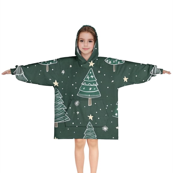 Dark Green Christmas Tree Pattern Blanket Hoodies for Kids 6-13YR Oversize Wearable Blanket Hoodies for Boys Girls Teens