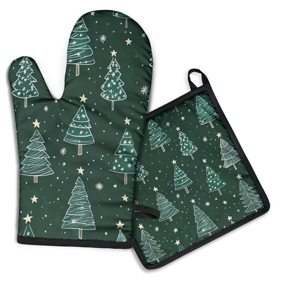 Dark Green Christmas Tree Pattern Kitchen Oven Mitt and Pot Holder Sets 2 Pcs for Baking, Cooking and Grilling, Heat Resistant Up To 392 °F