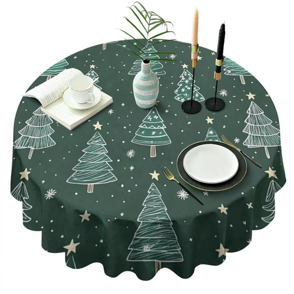 Dark Green Christmas Tree Pattern Round Tablecloth 60"x60",Wrinkle Wipeable Table Cloth for Kitchen Dining Room Picnic Patio Party