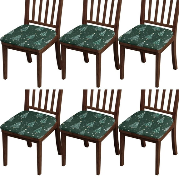 Dark Green Christmas Tree Seat Covers for Dining Room Chairs Set Of 6,Stretch Printed Washable Chair Seat Cover with Elastic Ties and Button,Removable Waterproof Couch Cushion Covers