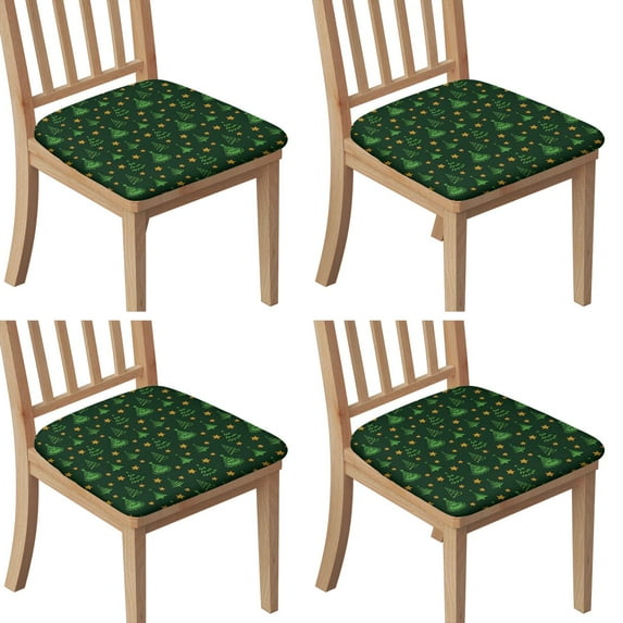 Dark Green Christmas Tree and Star Seat Covers for Dining Room Chairs Set Of 4,Stretch Printed Washable Chair Seat Cover with Elastic Ties and Button,Removable Waterproof Couch Cushion Covers