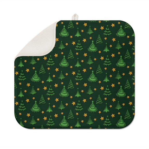 Dark Green Christmas Tree and Star Pattern Dish Drying Mat for Kitchen 1 Pack, Ultra Absorbent Microfiber Dishes Drainer Mats,16x18in(41x46cm)