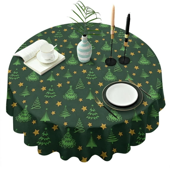 Dark Green Christmas Tree and Star Pattern Round Tablecloth 60"x60",Wrinkle Wipeable Table Cloth for Kitchen Dining Room Picnic Patio Party