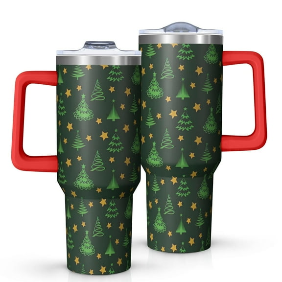 Dark Green Christmas Tree and Star Pattern Tumbler with Handle and Lid,40oz Double Wall Vacuum Insulated Tumbler,Cups Gift for Women and Men