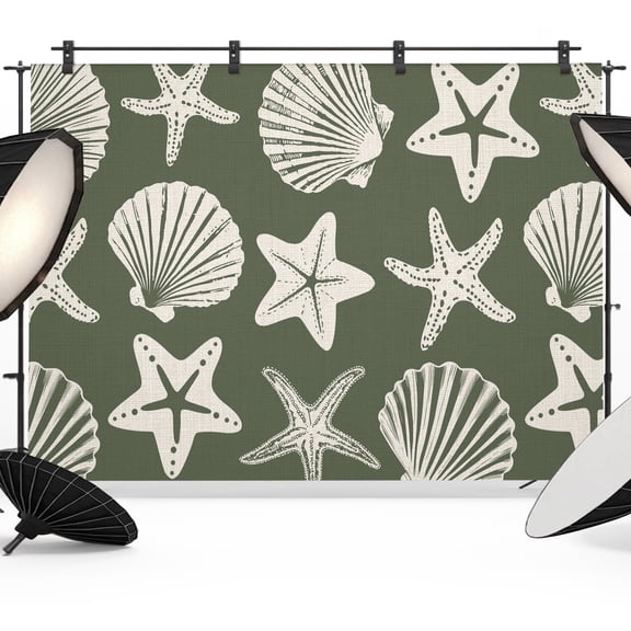 Dark Green Coastal Backdrops for Photography, Starfish Shell Ocean Nautical Fabric Photo Background Sturdy Studio Props for Photo Studio, Video Recording, Booth & Photoshoot 7x5ft