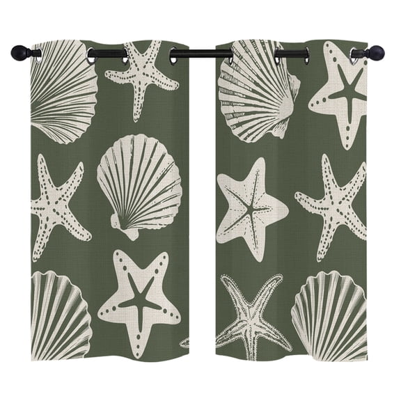 Dark Green Coastal Blackout Curtains 39 Inches Long, Starfish Shell Ocean Nautical Thermal Insulated Room Darkening Drapes with Grommets for Living Room 27.5"W x 39"L, 2 Panels