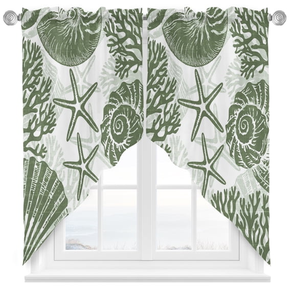 Dark Green Coastal Swag Curtains Valance For Kitchen Windows, Nautical Coral Shell Conch Starfish Summer Wide Rod Pocket Curtain Drapes, Living Room Light Filtering Drapery Panels, 72"W x 36"H