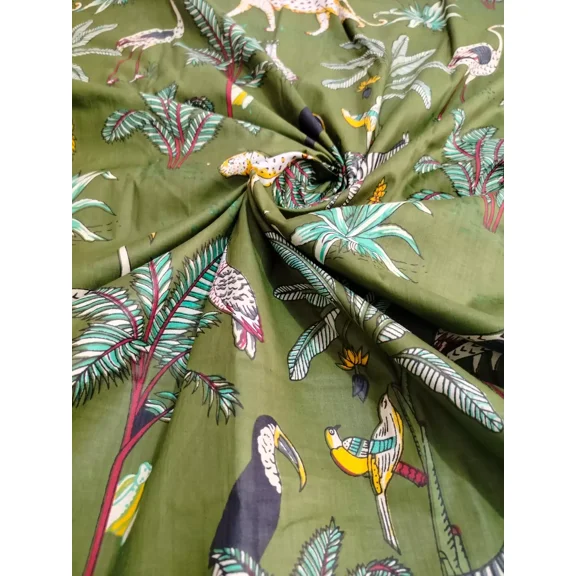 Dark Green Cotton Fabric Tiger Print Sewing Dress Making Cotton Running Robe Art