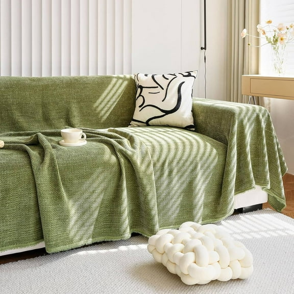 Dark Green Couch Cover Jacquard Corduroy Couch Cover for Sofa Green Cute Sofa Covers Washable Morden Sofa Covers for 3 Cushion Soft Chenille Sectional Blanket Cover Sofa Decor, 71" X118"