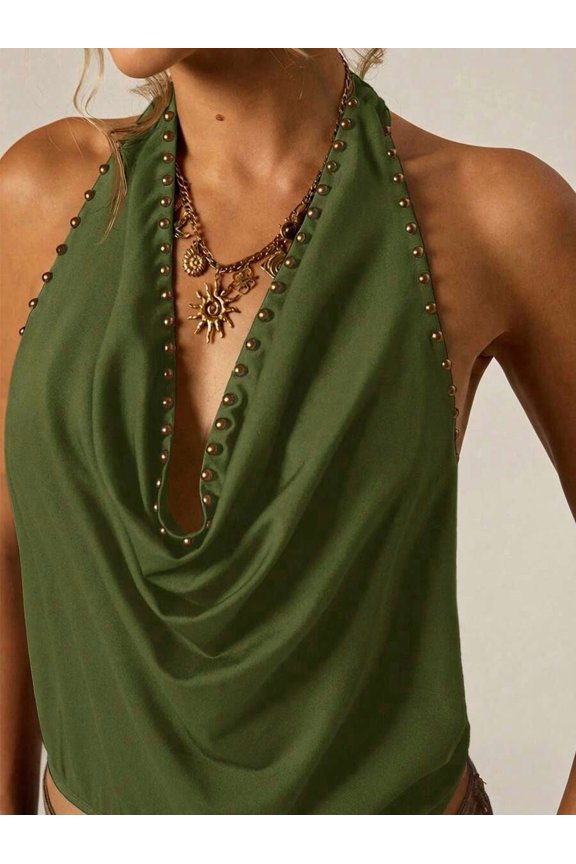 Dark Green Cowl Neck Studded Halter Top For Women