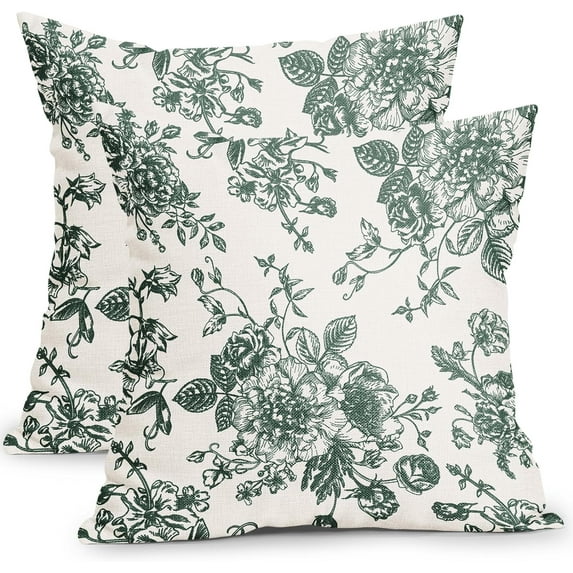 Dark Green and Cream Floral Pillow Covers 16x16 Inch Set of 2 Vintage Floral Throw Pillow Covers Chinoiserie Flower Pillowcases Rustic Farmhouse Cotton Linen Cushion Covers for Couch Bed Sofa Decor