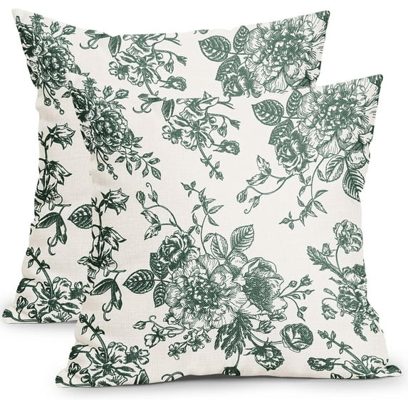 Dark Green and Cream Floral Pillow Covers 20x20 Inch Set of 2 Vintage Floral Throw Pillow Covers Chinoiserie Flower Pillowcases Rustic Farmhouse Cotton Linen Cushion Covers for Couch Bed Sofa Decor