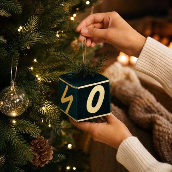 Dark Green Cube Christmas Ornament with Gold Number 40 and Pine Sprig, 1 Piece, Emerald Green and Gold Accent Decor, for 40Th Birthday Or Anniversary Celebration