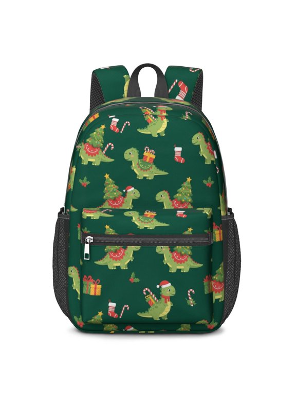 Dark Green Dinosaurs Christmas Pattern 17" Waterproof Oxford School Backpacks for Teens, S-Shape Padded Straps, for School, Travel, Hiking, Camping