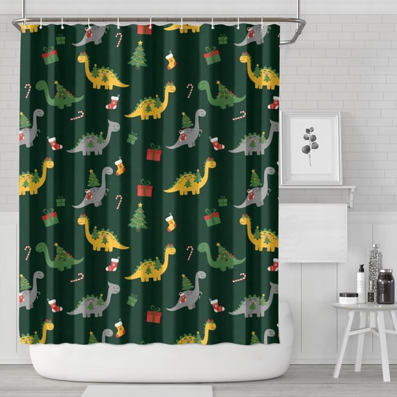 Dark Green Dinosaurs Christmas Pattern Shower Curtain 72"x84" ,Bathroom Decorative Shower Curtains Set with 12 Hooks,Modern Waterproof Washable Shower Curtain