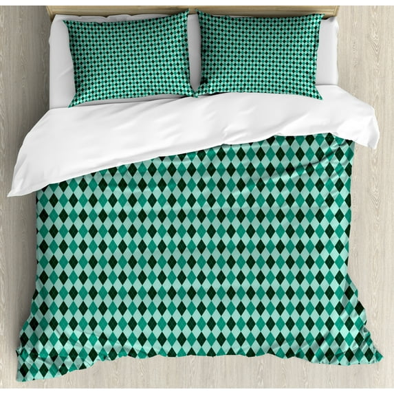 Dark Green Duvet Cover Set, Natural Argyle Inspired Illustration in Monochrome Style, Decorative 3 Piece Bedding Set with 2 Pillow Shams, Queen Size, Teal Dark Reseda Green, by Ambesonne