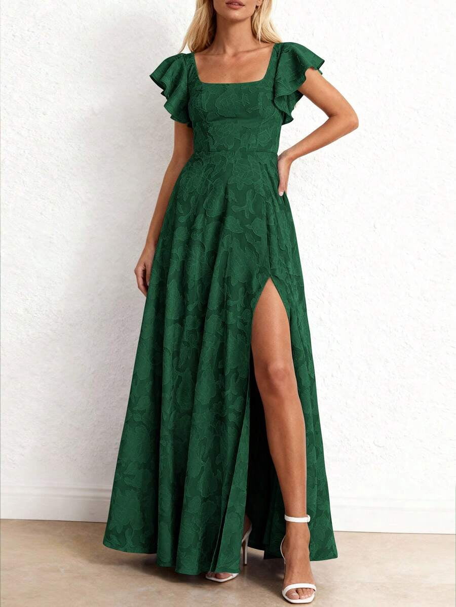 dark green formal maxi dress Elegant Lace Floral Slit With Ruffle Sleeves Square Neckline Gown women's clothing online this evening maxi dress Kimchi Blue Angie Chiffon Emerald green Name/Description:Shannon Custom - Long Sleeve Lace Gown w Attached Liner