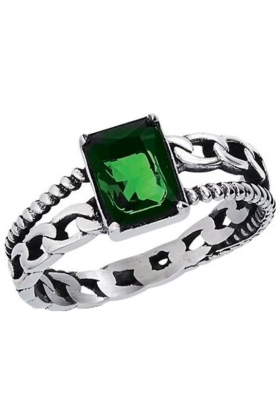 Dark Green Emerald Cut CZ Stone Ring - Solitaire Anniversary Band