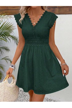 Dark Green Eyelet Lace V-Neck Short Sleeve A-Line Mini Dress