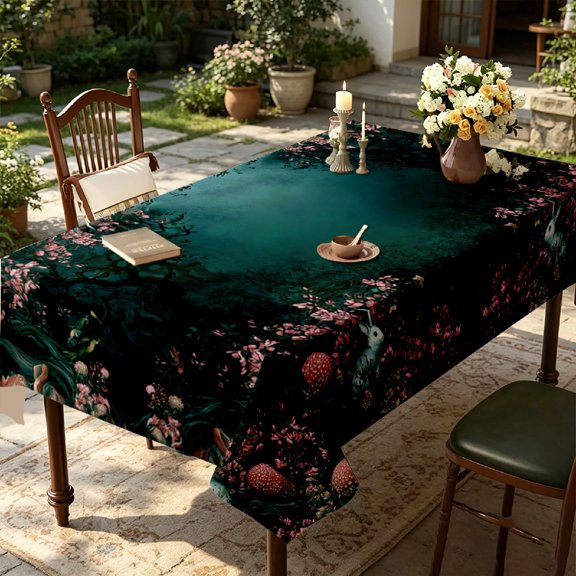 Dark Green Fairy Tale Forest Bunny Toadstool Print Tablecloth, Indoor Thanksgiving Party Dining Table Decor, Thanksgiving Christmas Gift