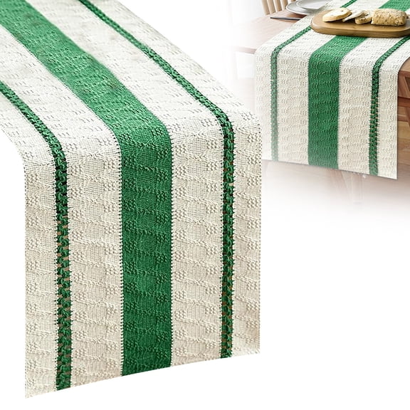 Dark Green Farmhouse Woven Rustic Table Runner, Seasonal Holiday Hollow Kitchen Dining Table Decoration for Home Party Decor 12x71 Inch