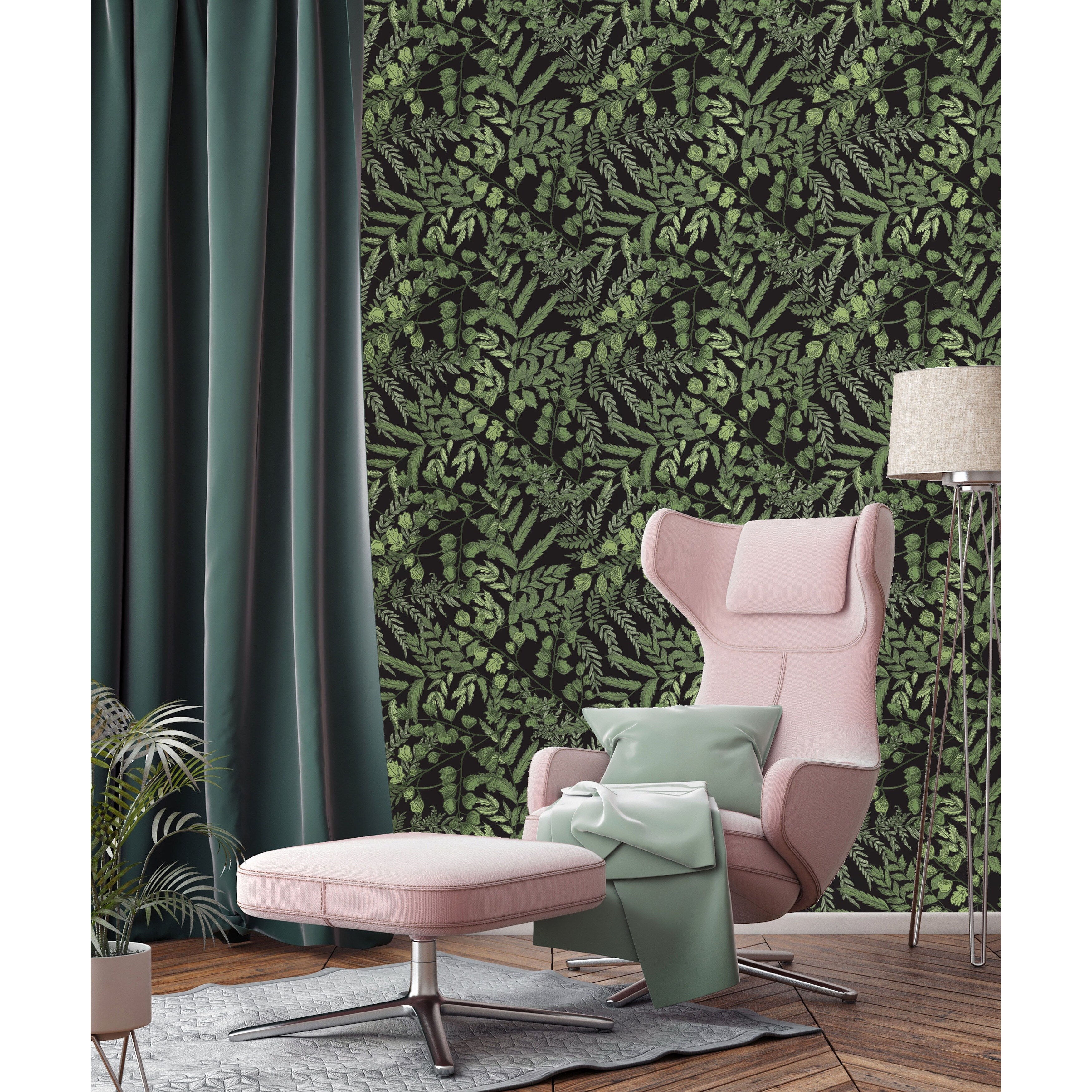 Dark Green Ferns Peel and Stick Wallpaper 25"W x 125"H