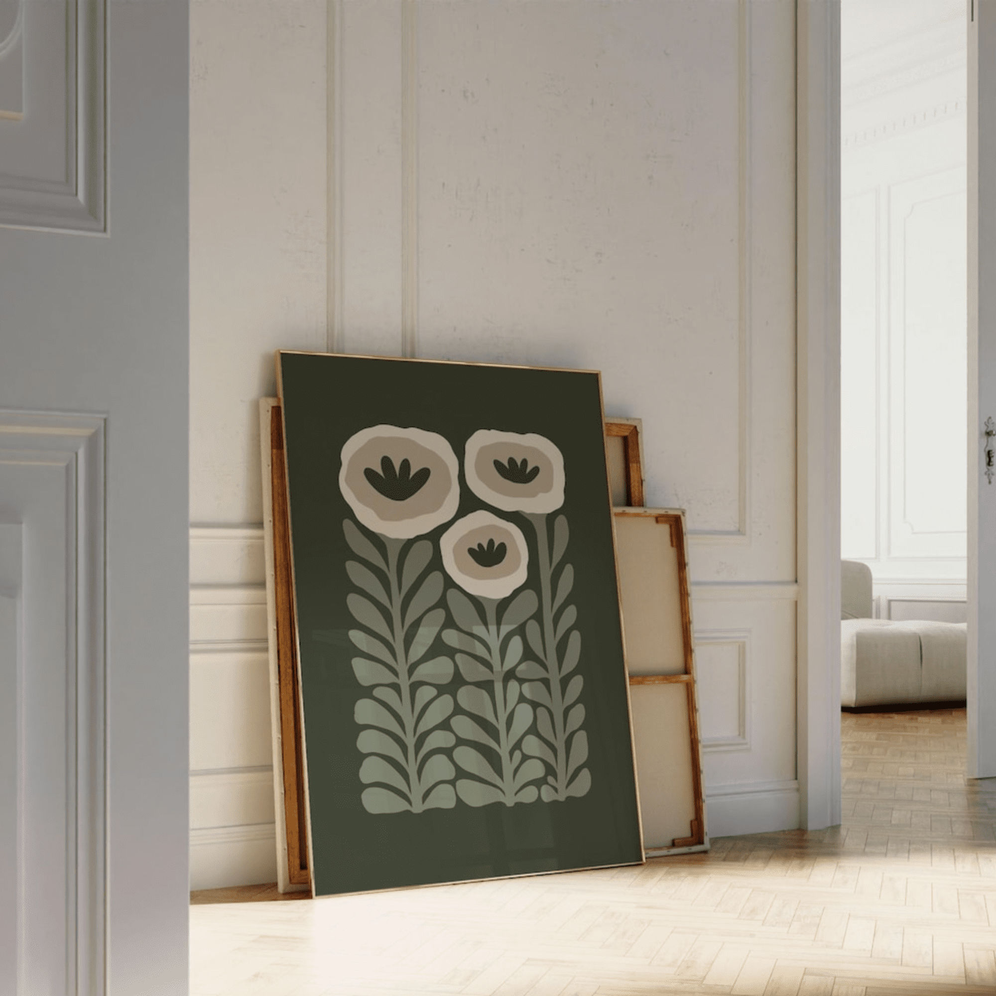 Dark Green Floral Abstract Botanical Sage Green Living Room Wall Art ...