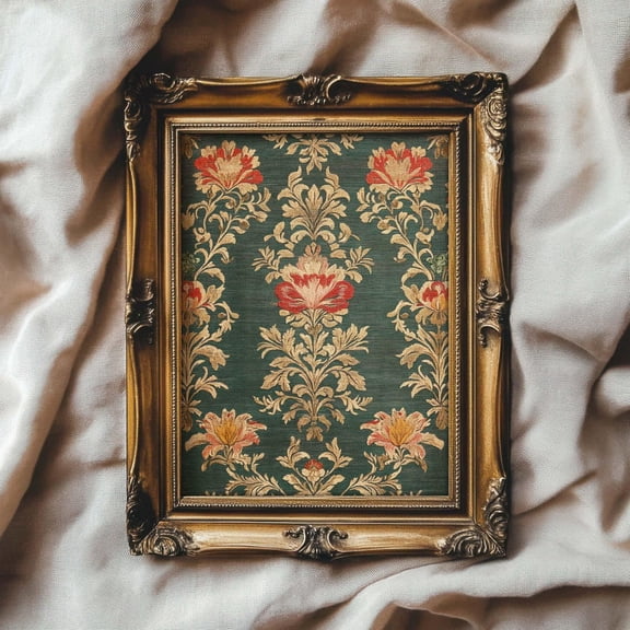 Dark Green Floral French Baroque Textile Wall Art Poster Decor