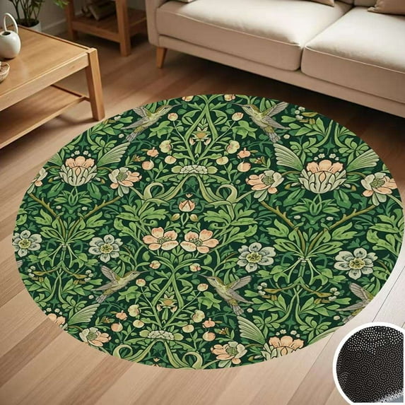 Dark Green Floral Hummingbird Pattern Round Carpet Living Room Bedroom