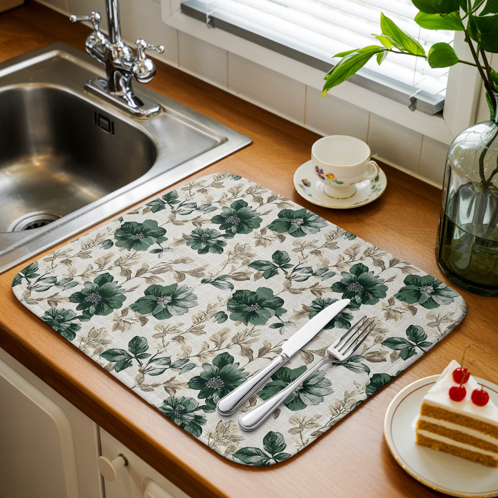 Dark Green Floral Kitchen Drying Mat 1 Pack, Vintage Flower Botanical ...