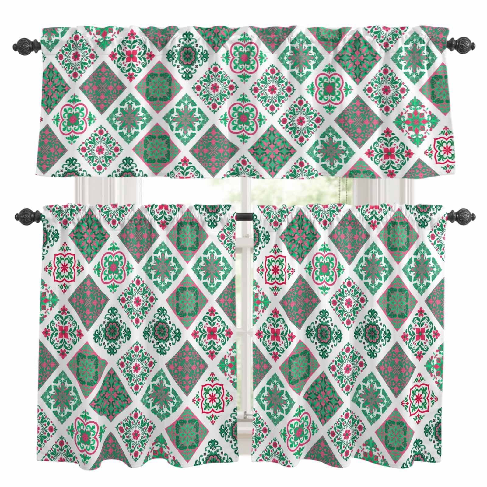 Dark Green Floral Pattern Kitchen Curtains Valances and Tiers Set of 3 ...