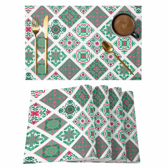 Dark Green Floral Pattern Placemats Set of 2, Pink Flowers Vintage Farm Plant Country Non-Slip Place Mats Washable Table Mats for Kitchen Dining Table Decorations Indoor/Outdoor