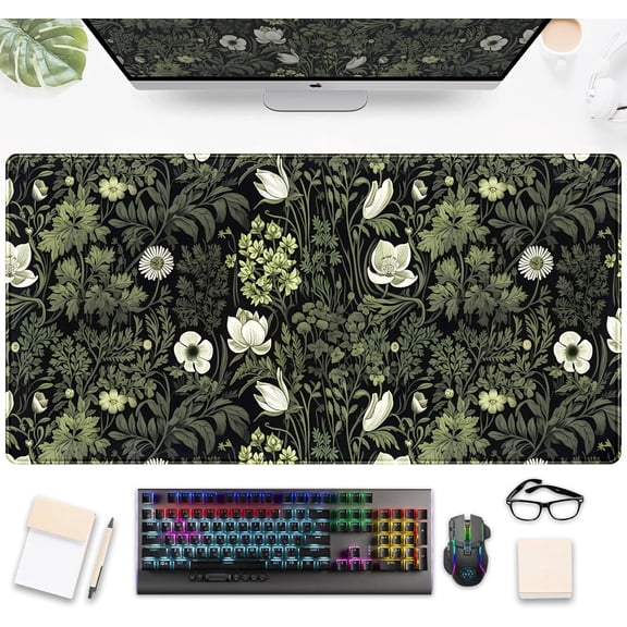 Dark Green Floral Plants XXL Gaming Mousepad & Desk Pad - Nature Leaf Flower Laptop Keyboard Mat 31.5 x 15.75