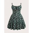 thumbnail image 1 of Dark Green Floral Print Fit & Flare Mini Dress With Spaghetti Straps And Ruched Bodice, 1 of 5
