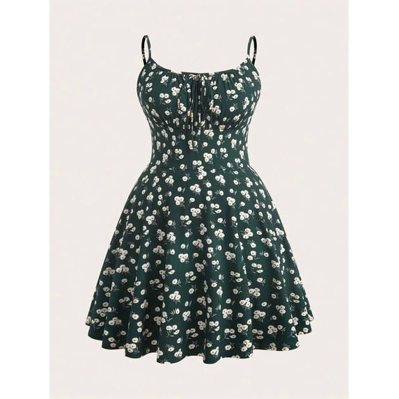 Dark Green Floral Print Fit & Flare Mini Dress With Spaghetti Straps And Ruched Bodice