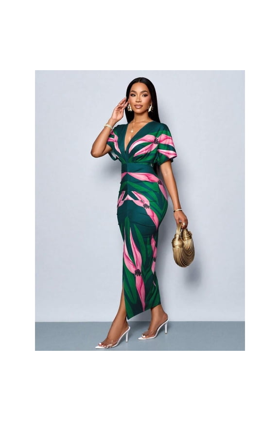 Dark Green Floral Print V-Neck Split Thigh Bodycon Party Dress For Spring Summer Holiday