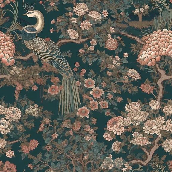 Dark Green Floral Wallpaper Peel and Stick Vintage Chinoiserie Wall Paper Prepasted Peacock Wallpaper for Bedroom Bathroom Removable Green Floral Contact Paper for Cabinets Walls 17.5"x118"