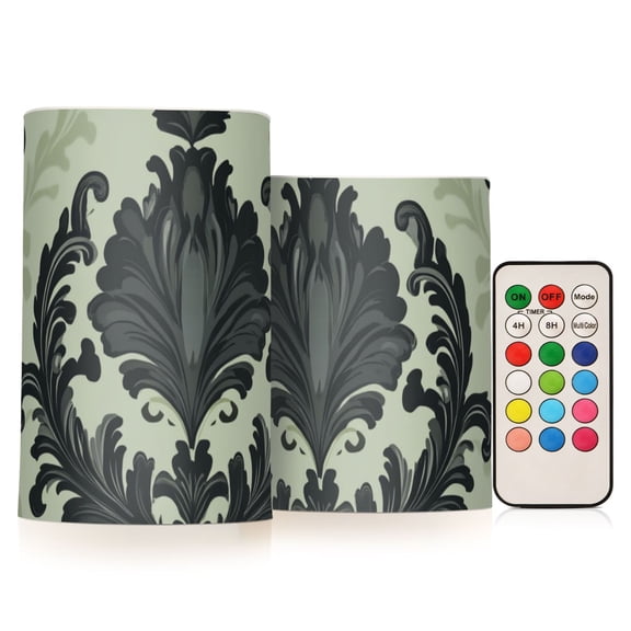 Dark Green Flower Pattern Flickering Flameless Candles LED Tealight Battery Operated with Remote Set of 2 Holiday Decor Ornaments