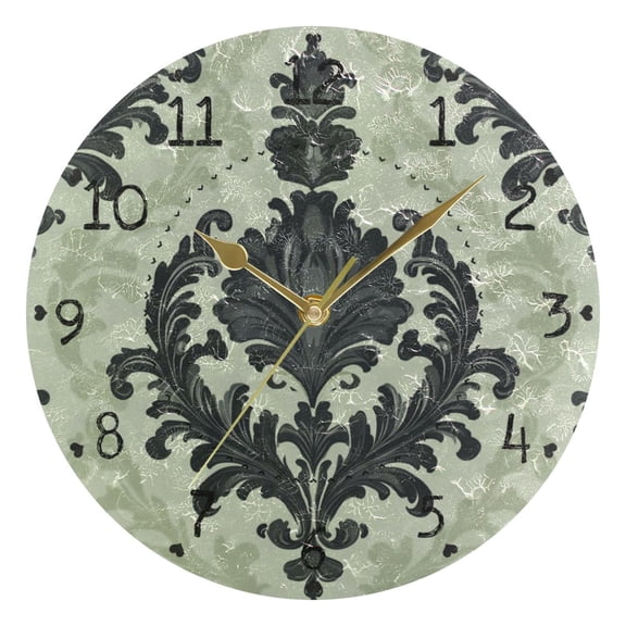 Dark Green Flower Pattern Round Wall Clock Silent Analog Battery Operated Gold Pointer Home Decor 9.84" Diameter