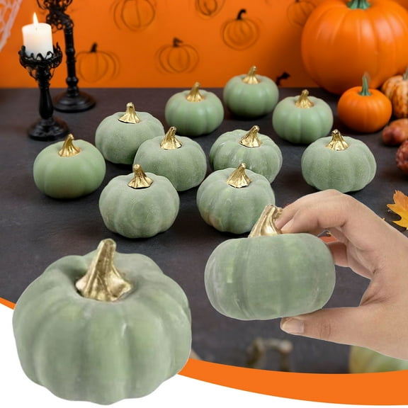 Dark Green Foam Pumpkin Prop with Velvet Texture, Fake Pumpkin for Halloween Thanksgiving Fall Table Decor and Party Display