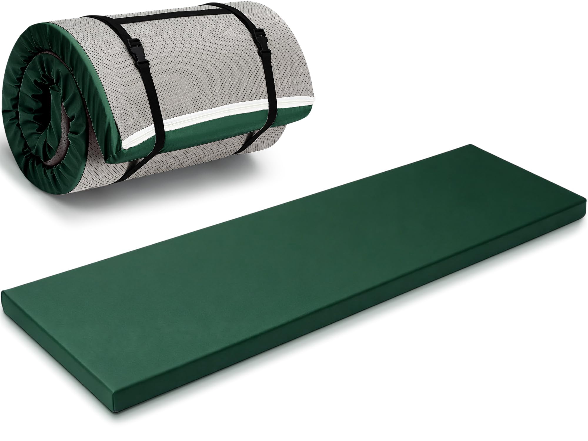 Dark Green Foldable Yoga Mat 2 Inch 72"x24" Thick With Carry Strap For Pilates And Stretching